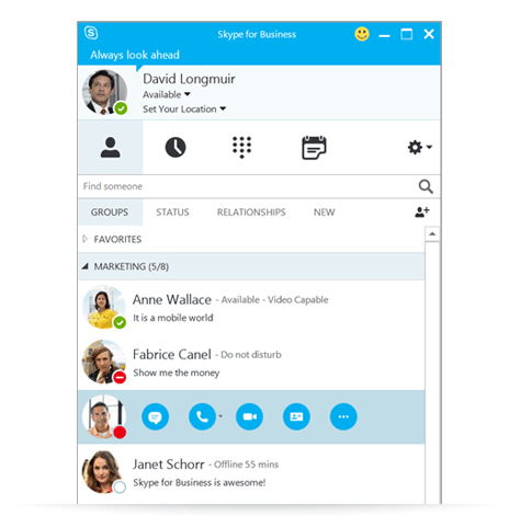 Skype for Business, Ansicht in den Kontakten